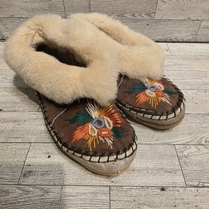 Cozy Embroidered Faux Fur Lined Women’s Slippers - Brown